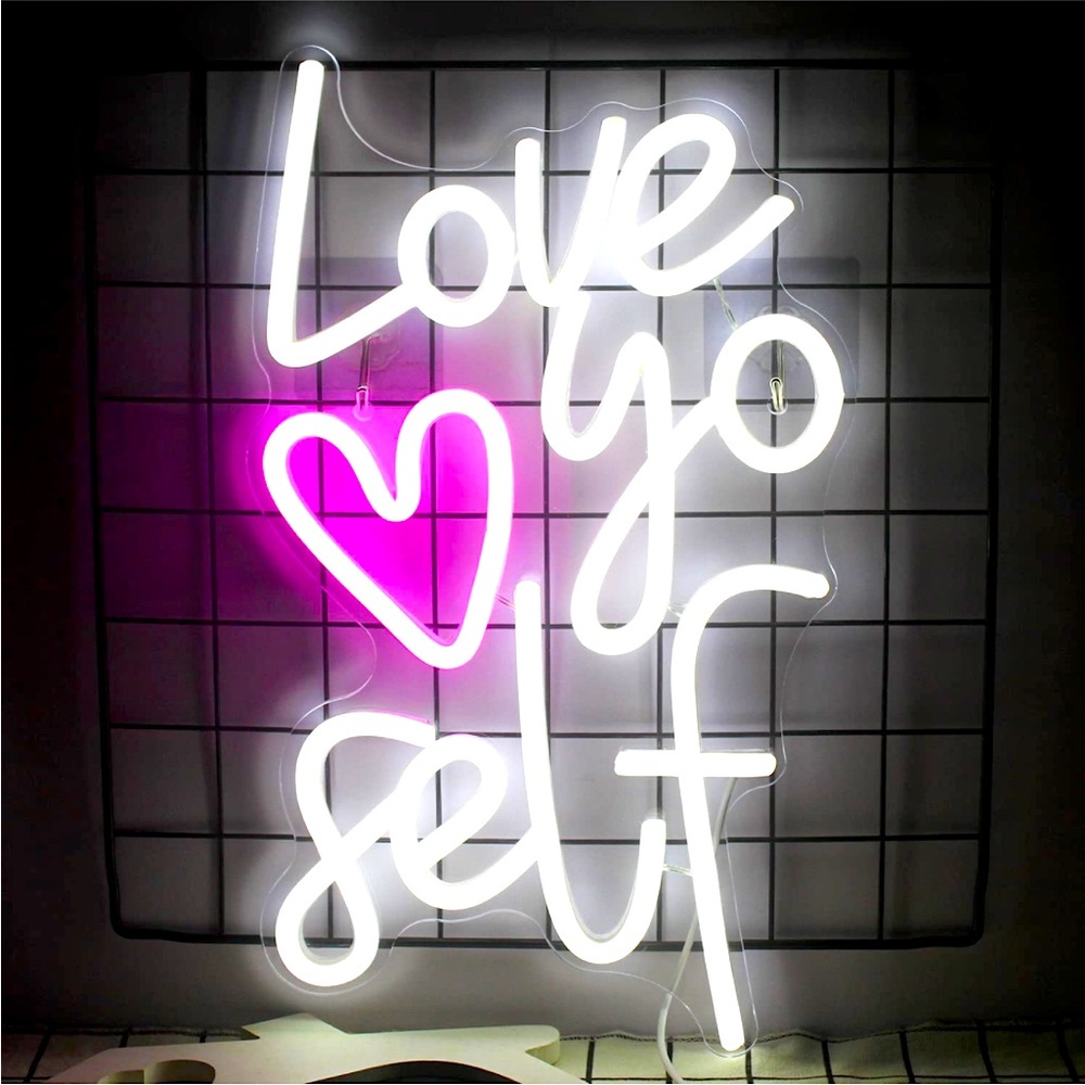 Love Yoself Neon Light Pink White Self Care Wall Bedroom Kids Teen Cute Decor